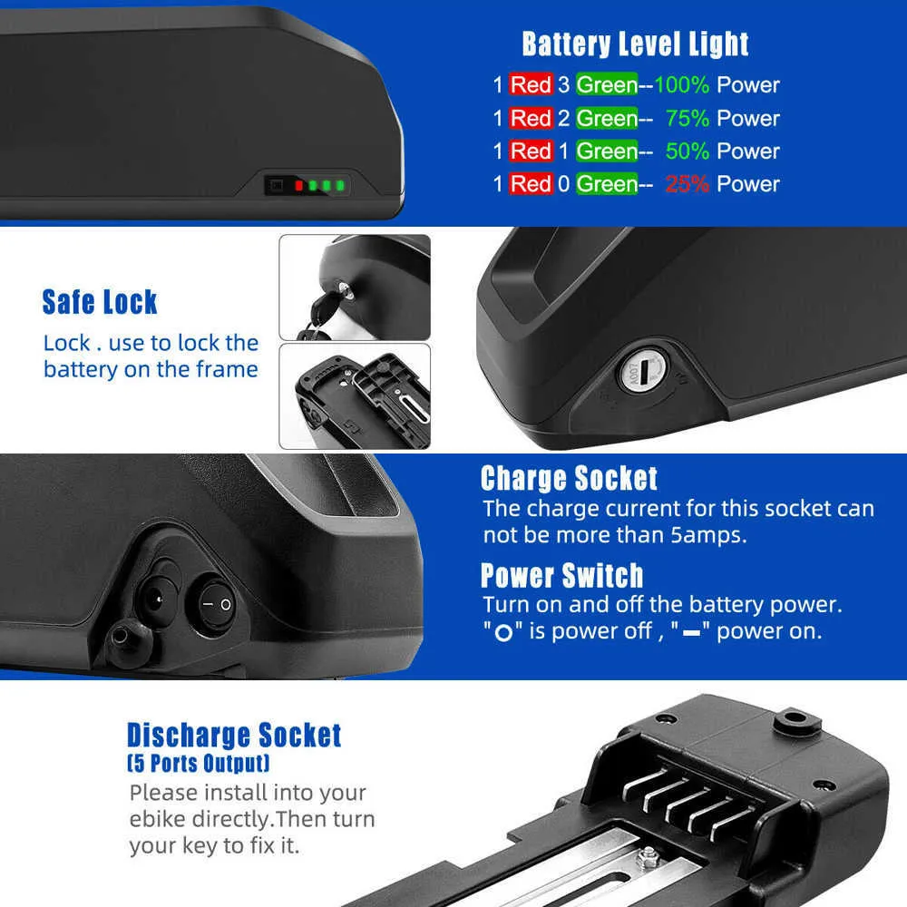 48V 21AH 36V 18AH 52V Polly E-Bike Downtube 배터리 Li- 이온 18650 세포 Ebike Electric Bicycle for 500W 750W 1000W 모터 30A BMS