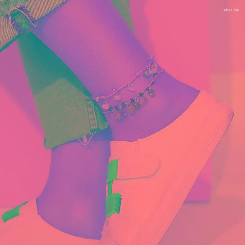 Fußkettchen Mode Fußkette Zubehör Rosa Grün Geflochtenes Seil Mehrschichtige Frauen Kleine Kiesstein Barfuß Fußkettchen Armband