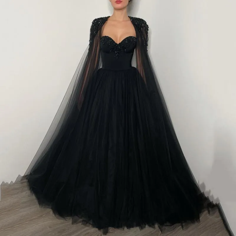 Abiti da festa Sevintage Black A Line Tulle 2 pezzi Abito da ballo con perline Staccabile Cape Evening Allacciatura Abiti formali