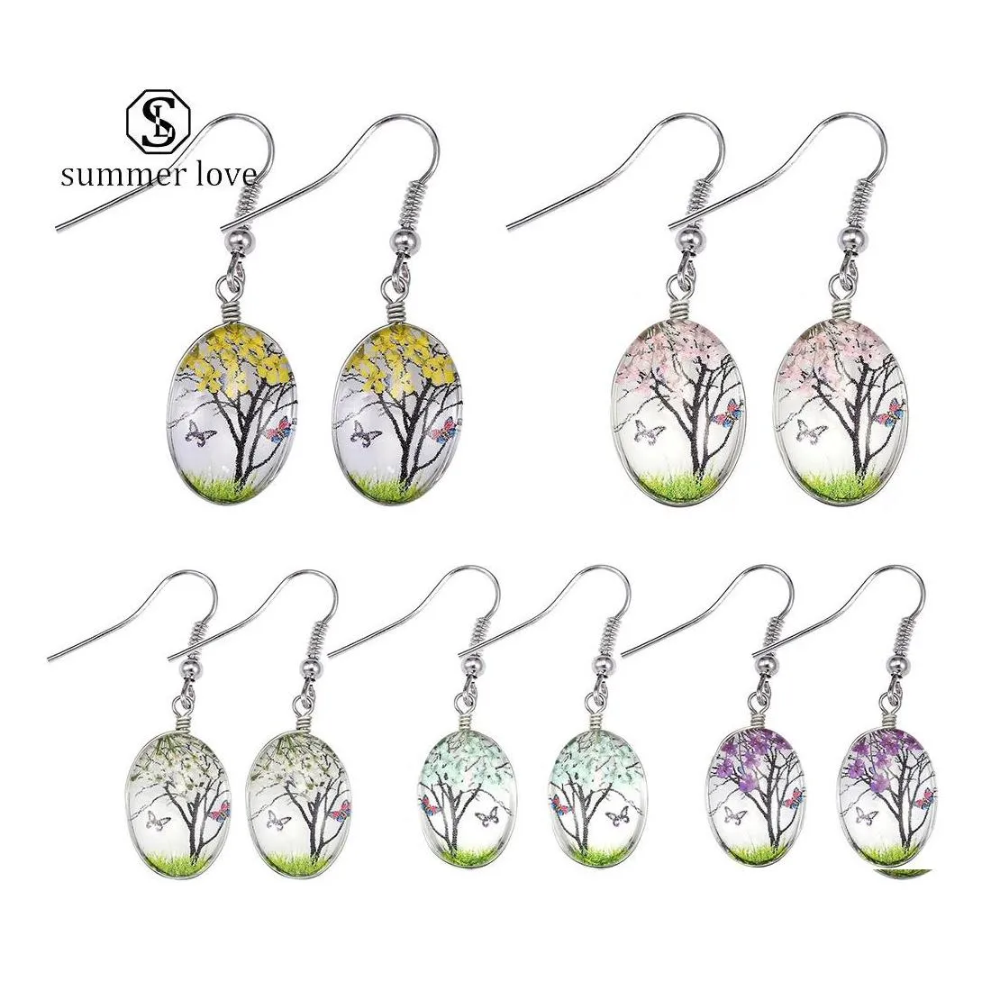 Dangle Chandelier Mticolored Natural Dried Flowers Earrings Glass Oval Ball Tree Of Life Drop Earing Creative Pendent Jewelry Gift Dh8Kt
