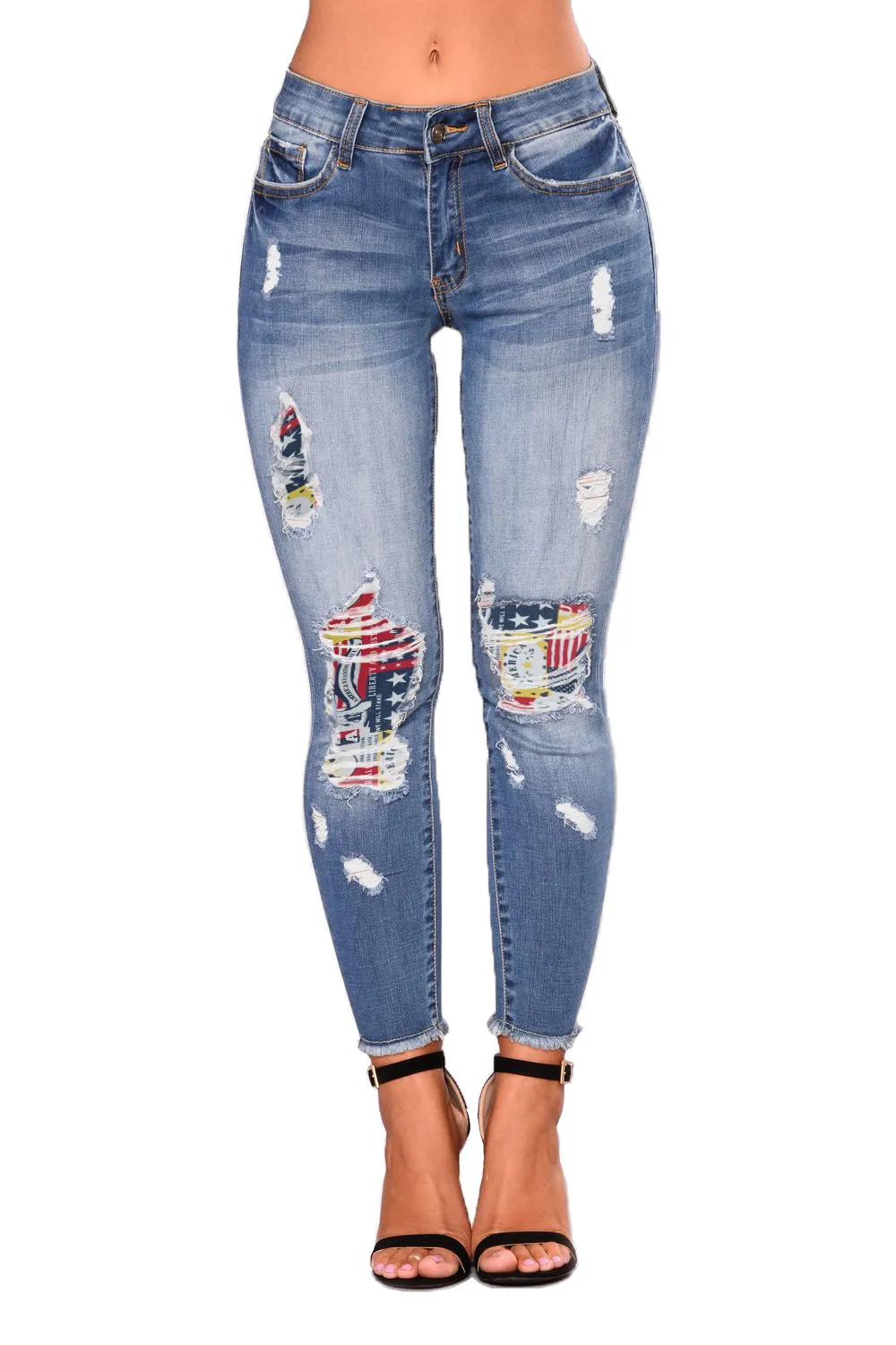 Europeiska och amerikanska high-end jeans med hög midja elastiska jeans blyerts leggings slitna lapptäcke 9136H01