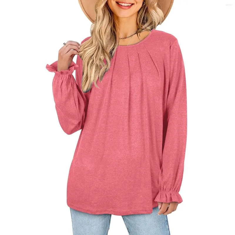 Damen T -Shirts schirt sich für Frauen Frauen Langarm mit Langschläfen oben rund Hals plissierte Farbe Hemd Herbst und Winter Casual Guard