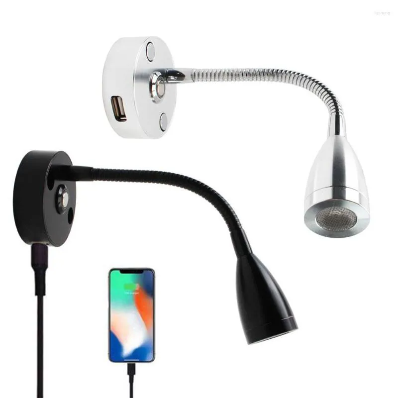 Vägglampa 3W led dimbar flexibelt sovrum interiör läslampor slang rv båt sconce lastbil yachts habin ljus fixtur med USB