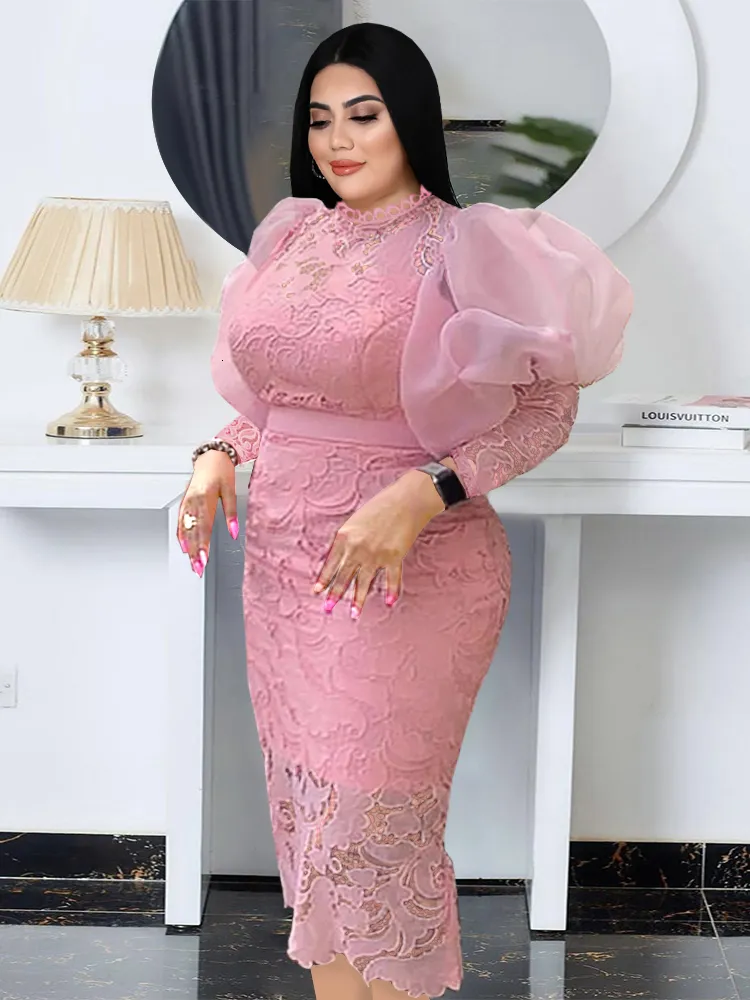 Plus size Dresses Elegant Lace Size 3XL 4XL Long Lantern Sleeve White Pink Bodycon Vintage Prom Dress Gowns for Ladies Evening Party 230131