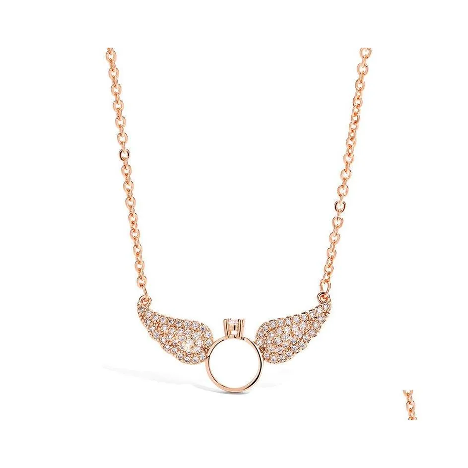 Pendant Necklaces Angel Wings With Ring Crystal Necklace For Women Statement Jewelry Drop Delivery Pendants Dhjfq