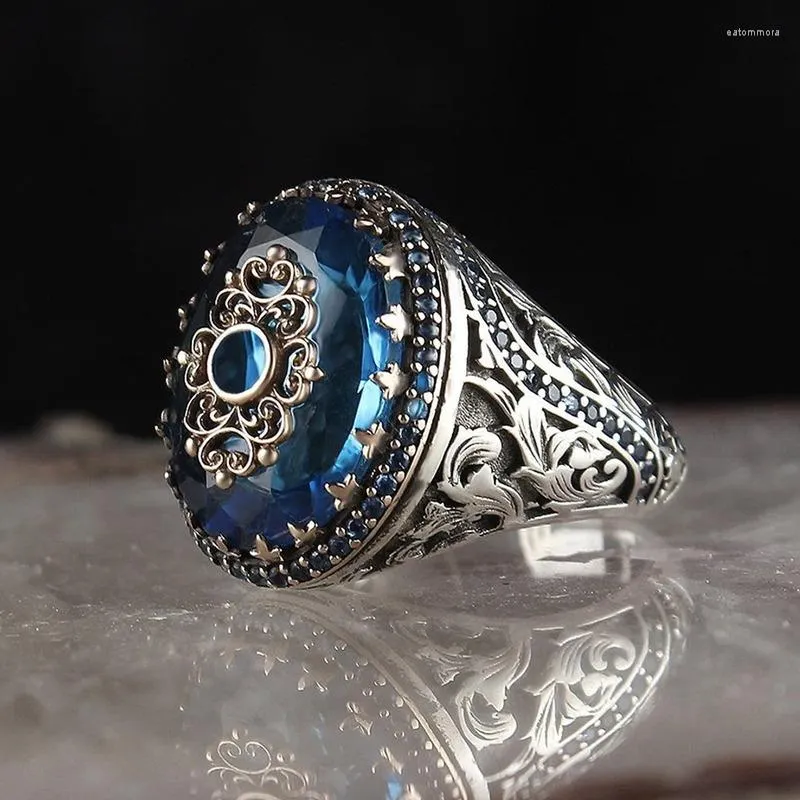 Wedding Rings Vintage Trendy Women Ring Handmade Carved Turkish Signet For Men Creativity Inlaid Blue Zircon Party Punk Jewelry