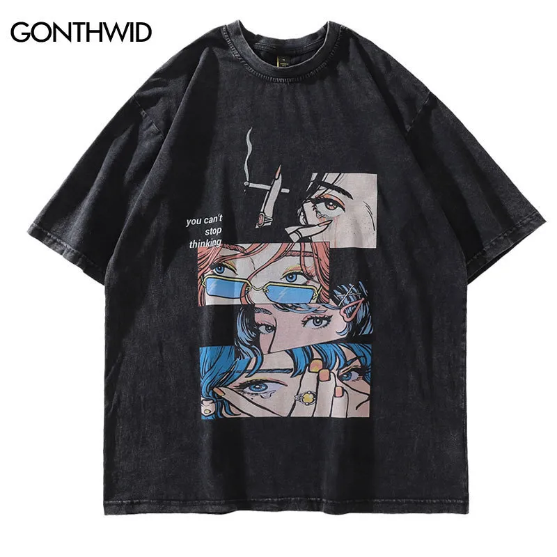 T-shirts voor heren verontruste oversized grunge t-shirt streetwear Japanse anime ogen print retro t-shirt hiphop casual katoen los t-shirt 230131