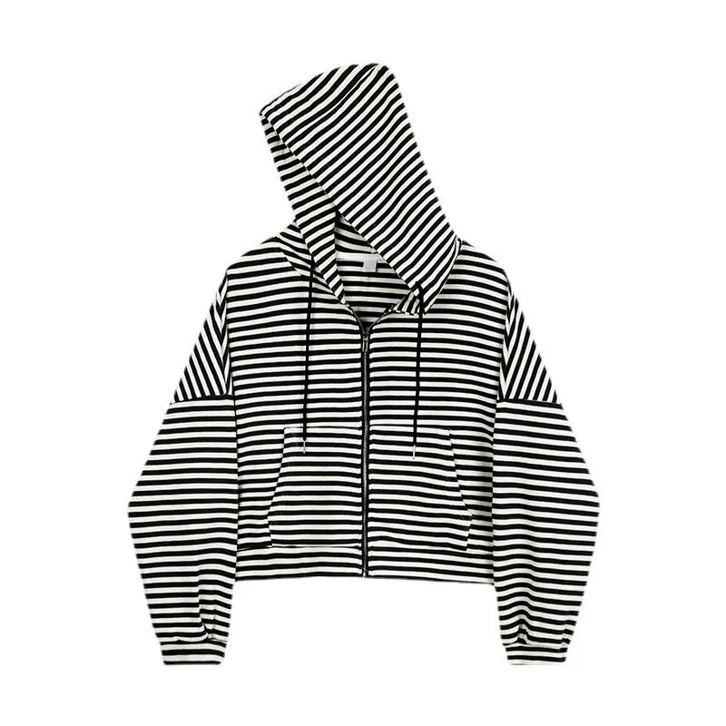 Women's Hoodies & Sweatshirts Black White Stripes Zip Up Sweatshirt Winter Women Jacket Clothes Loose Female Vintage Pockets Long Sleeve Pul