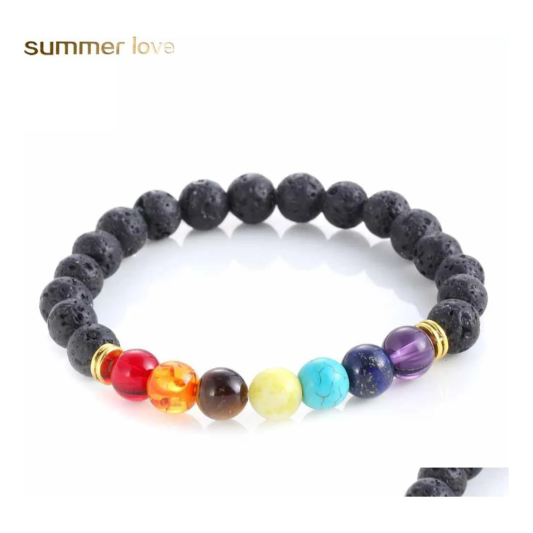 Hilos de cuentas Moda 7 Pulsera de chakra Lava Pulseras de cuentas de piedra volcánica Yoga natural Curación Oración Nce Cuentas de Buda Gota Deliv Ot4Oz