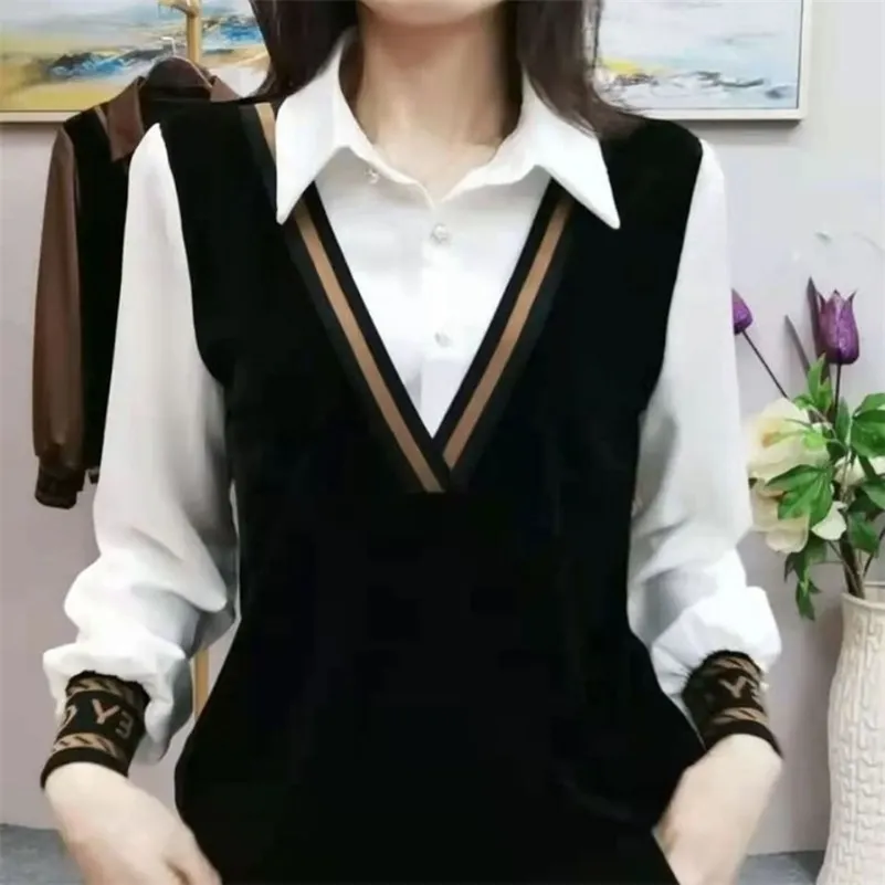 Women's TShirt Mom's Fashion Blouse Korean Spring Fake Two Shirts Top's Clothing Pullover Square Collar Bottomed Shirt 4XL 230130