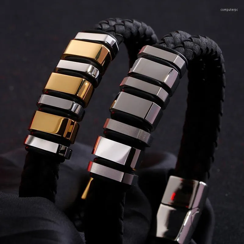 Link Bracelets Men's Double Titanium Steel Corrugated Bracelet Handmade Multilayer Leather
