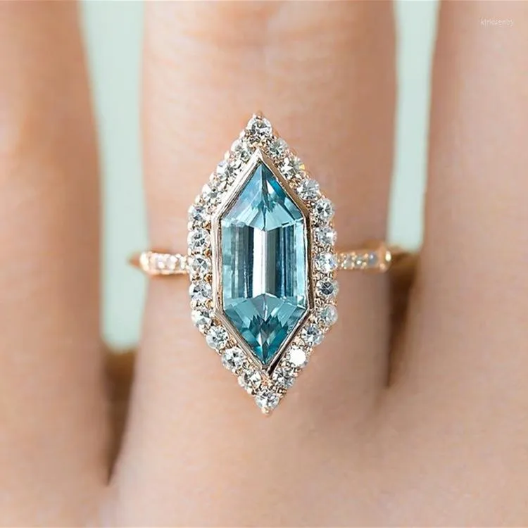 Wedding Rings Exquisite Gold Plated Unique Sea Blue Gems Crystal Ring Zircon Band Engagement Bridal Jewelry Lover's Gifts