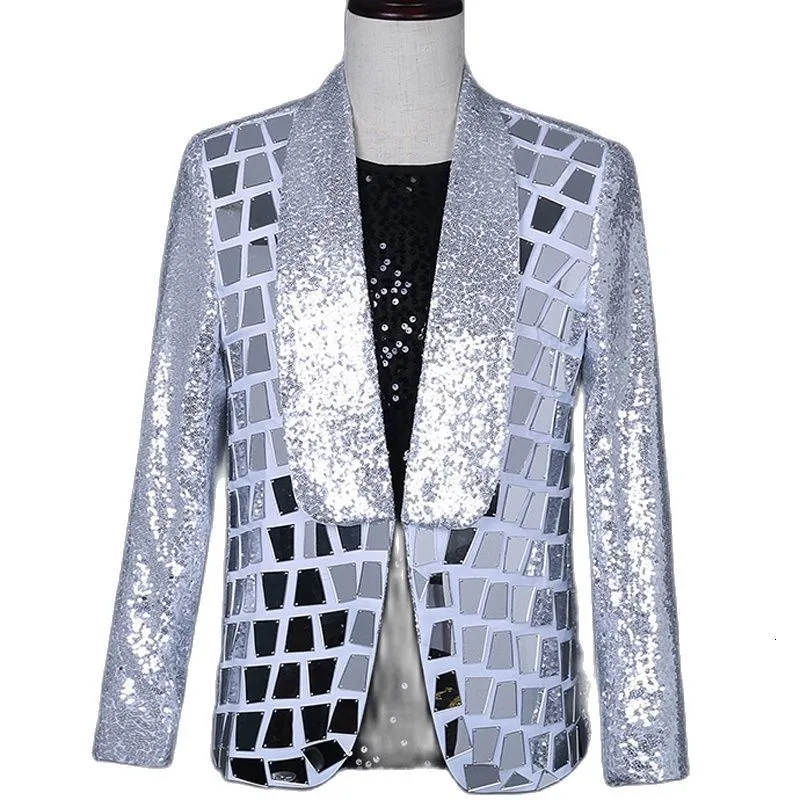 Herrenanzüge Blazer Silber Pailletten Blazer Männer Marke Schalkragen Single Button Herren Anzug Jacke glänzende Plaid Pailletten Party Tanzbühne Kostüm Homme 230130