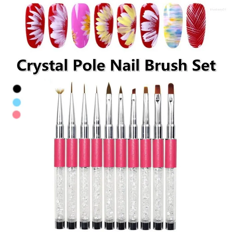 Nail Art Kits 3Colors 10Pcs Crystal Pole Brush Set Girl Carving Fan Shaped Shinny Drawing Polishing Pen Manicure Tool