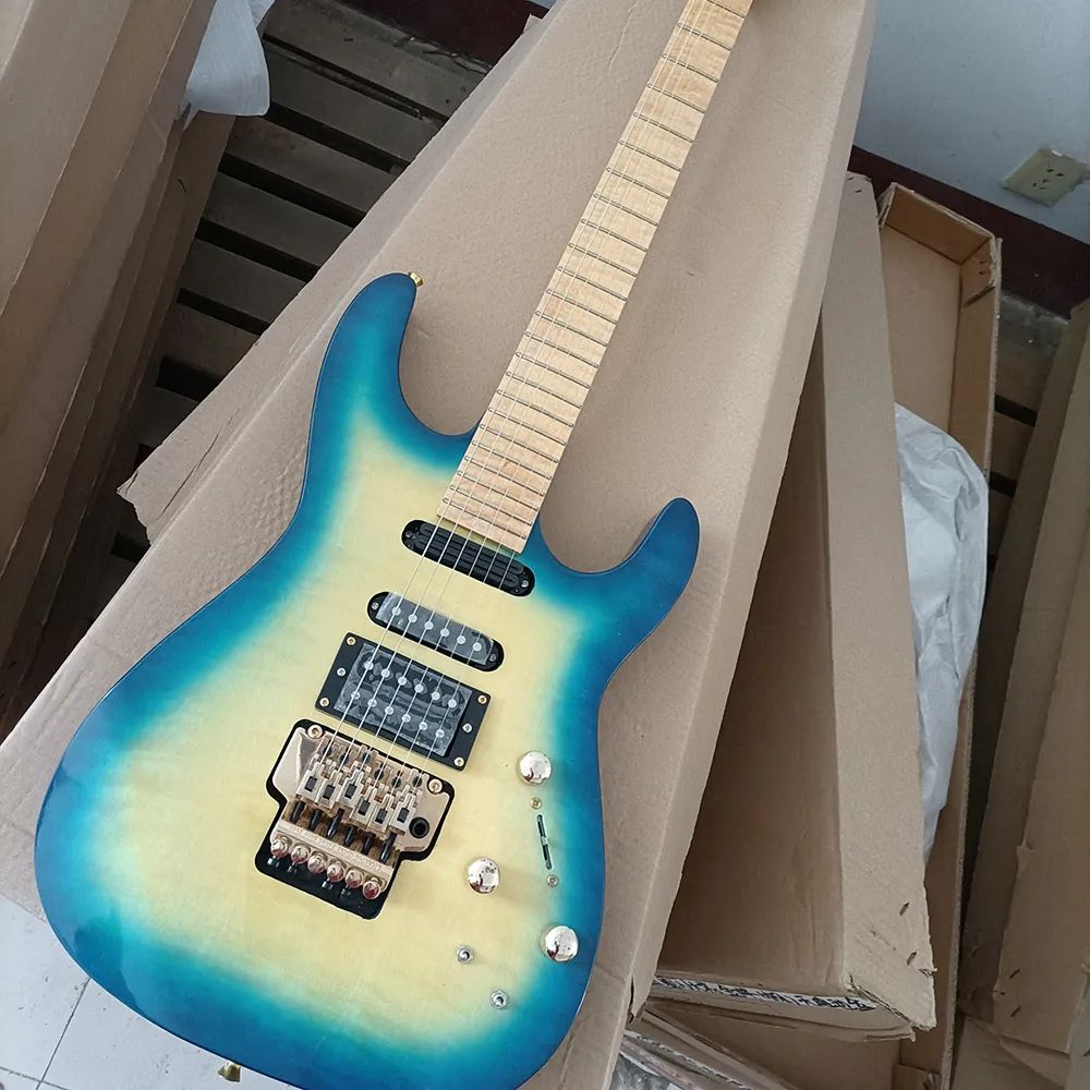 6 Strings Blue Electric Guitar with Floyd Rose Maple Fretboard Customizable