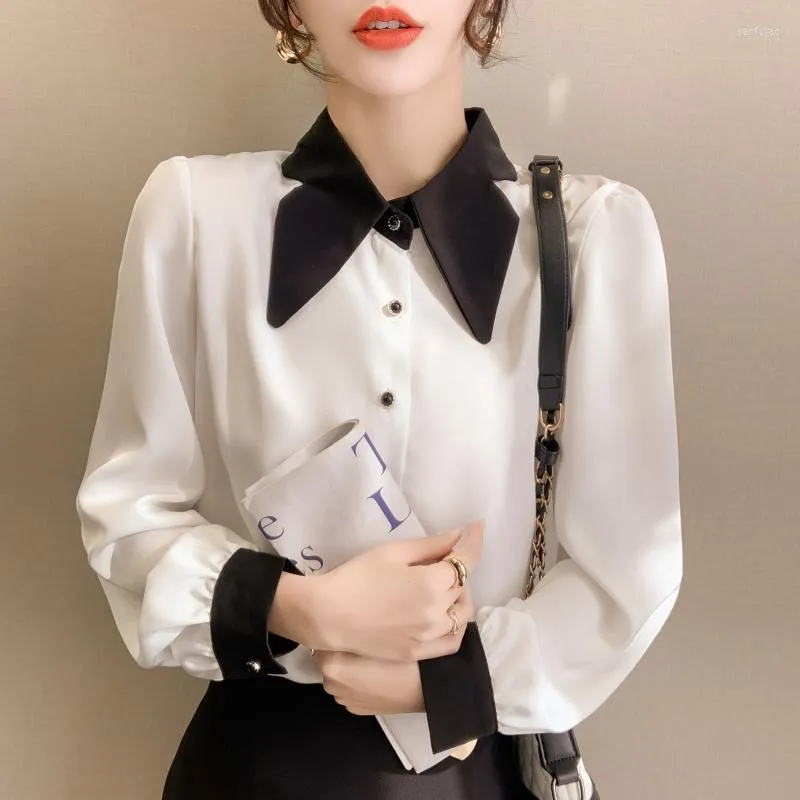 Blusas femininas 2023 Spring Color Block Bloco Bowtie Collar elegante Office Lady Lady Mulheres Camisa Plus Tamanho de Manga Longa Chiffon Chiffon Chemise