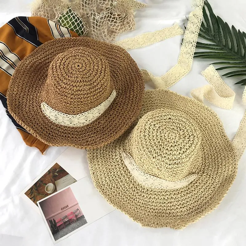 Chapeaux à large bord paille tissé pliable femme été crème solaire pêcheur chapeau attache disquette Crochet plage vacances SunHat