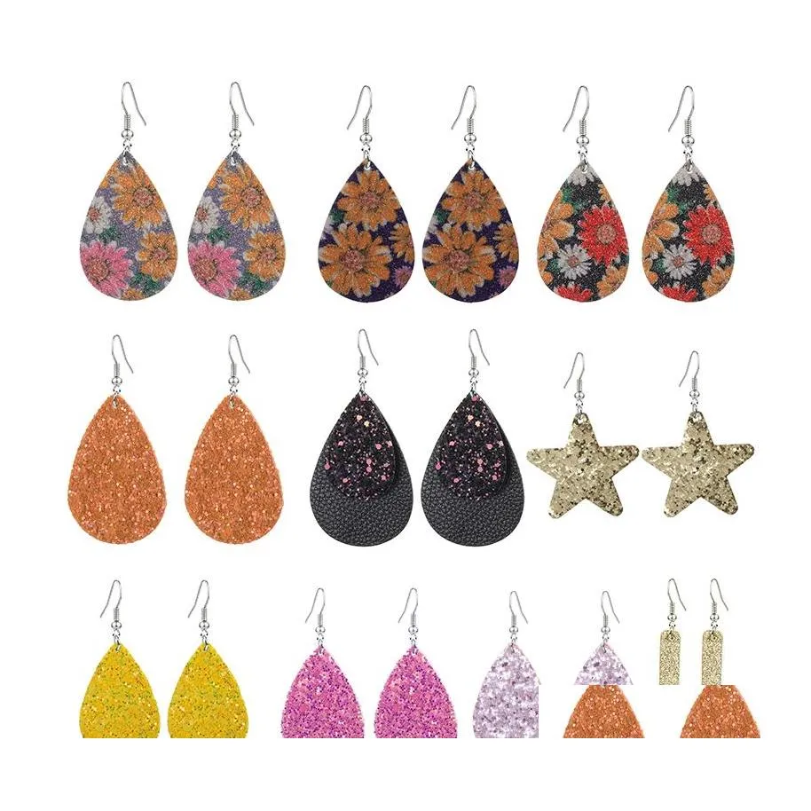 Dangle Chandelier Colorf Sequin Pu Leather Drop Earrings Bling Teardrop Star Shape Ear Rings For Ladies Women Designer Jewelry Deli Dhafy