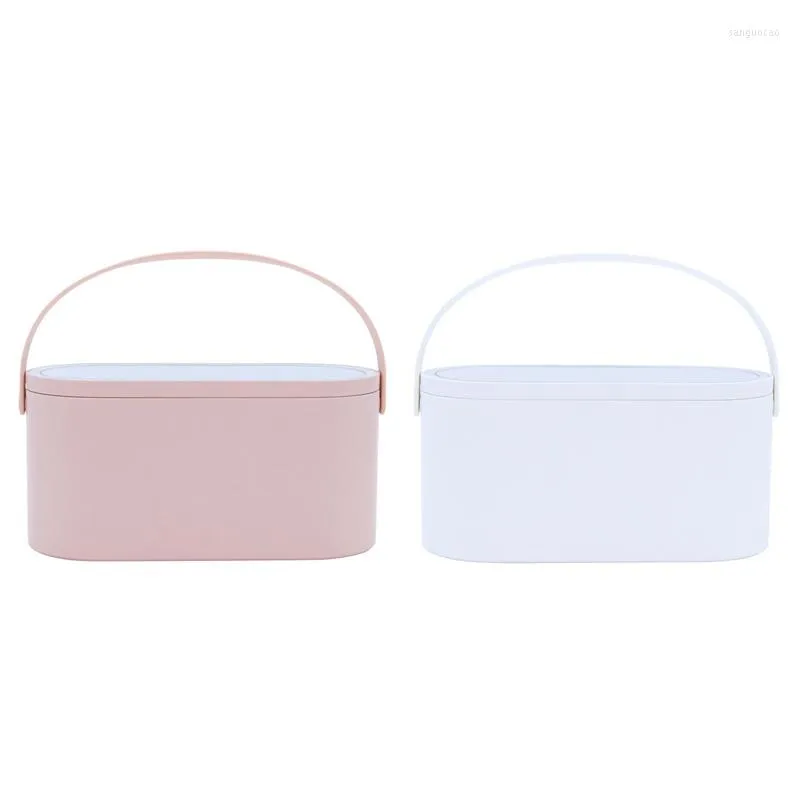 Lagringslådor Makeup Organizer Box med LED Light Mirror Portable Travel Cosmetics Press Case