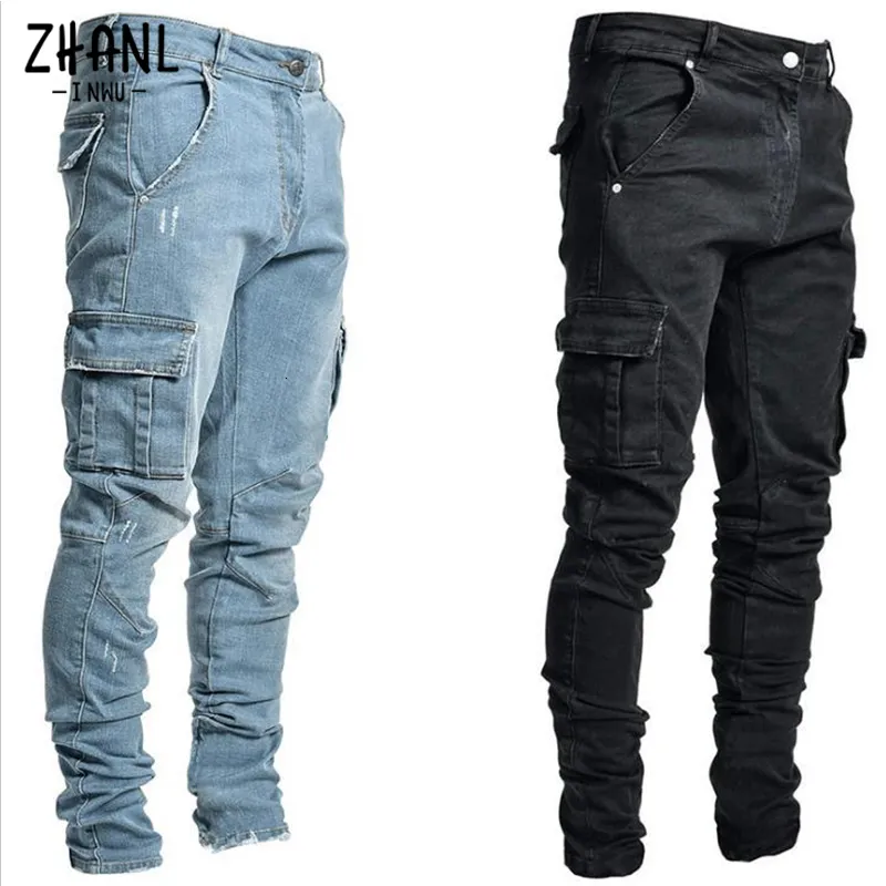 Calças de jeans masculinas Lavar de cor sólida Multi bolsos de jeans de jejim de cintura MID PLUS