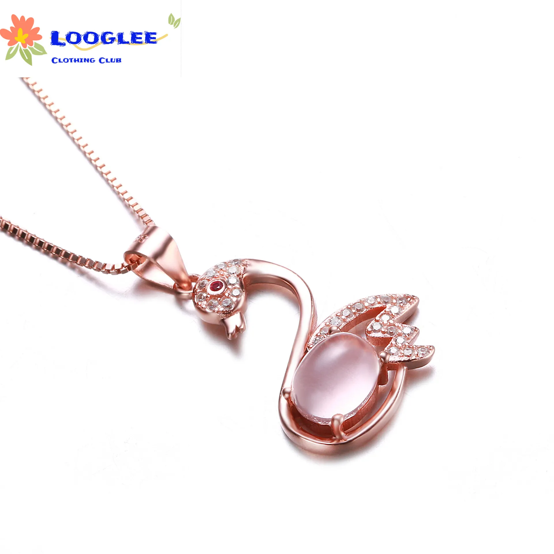 Chaîne de clavicule en pierre d'hibiscus pendentif cygne en cristal rose naturel créatif pour femmes collier en or rose plaqué 925