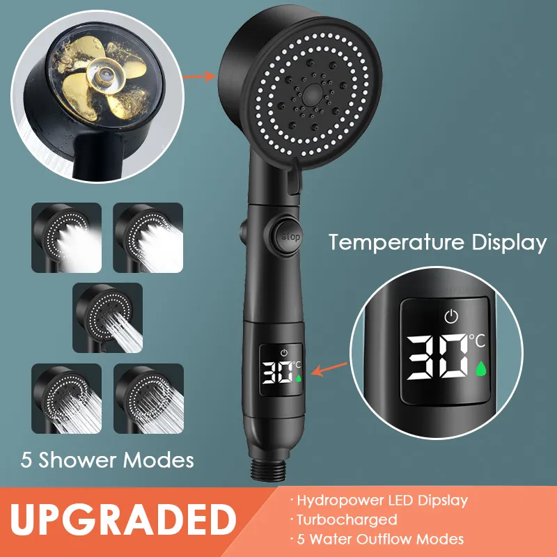 Bathroom Shower Heads Intelligent LED Shower Head Temperature Digital Display High Pressure 5 Modes Turbocharged Rainfall Shower Bathroom Acessories 230731