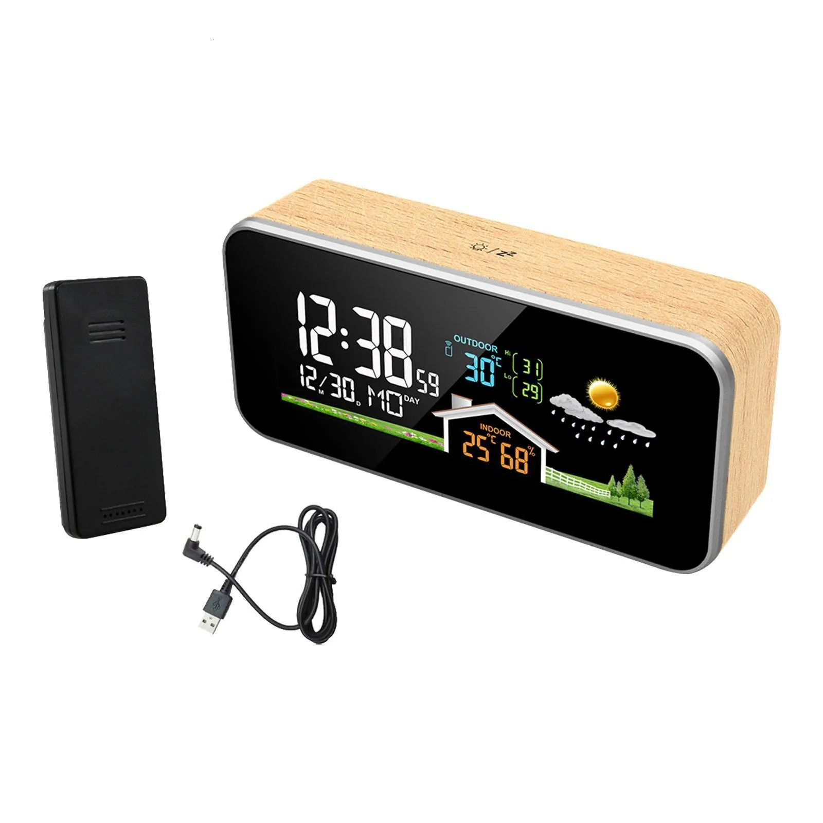 Indoor Outdoor Weather Station Alarm Clock 12 or 24H Time Display Tabletop Decoration Weather Forecast USB for Living Room Shops