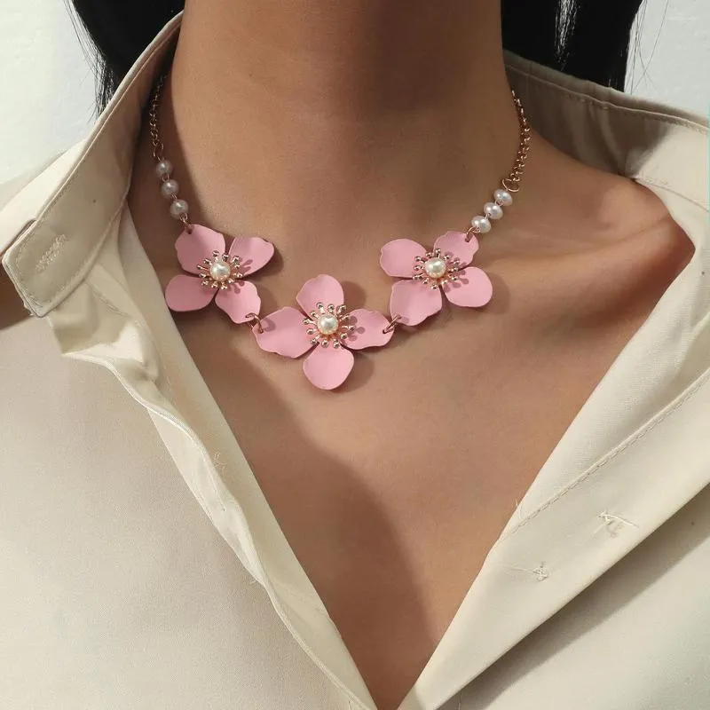 Choker Korean Pink Flower Necklace Fahion Pearl Women smycken CLAVICLE NACKACES Pendants Charms smycken 1Z60CF1