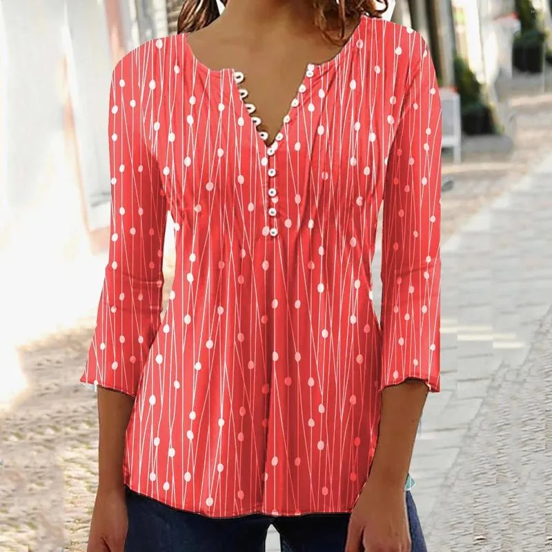 Blusas de mujer Polka Dot V cuello camisas botones 3/4 manga acampanada Slim Fit blusa elegante Tops y camisa Casual dulce Blusas otoño