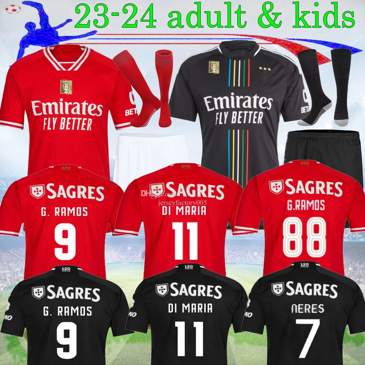 23 24 Fans Speler Benfica voetbalshirts Di Maria RAMOS EVERTON PIZZI RAFA DARWIN G.RAMOS 2023 Enzo Home Away Zwart Heren kindertenue Voetbalshirts 16-XXL