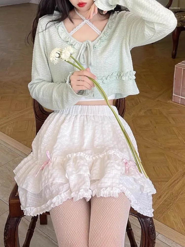 Skirts ADAgirl Kawaii White Mini Skirt Pink Bow Sweet High Waist Y2k Short Lolita For Women Summer Japanese Cutecore Clothes