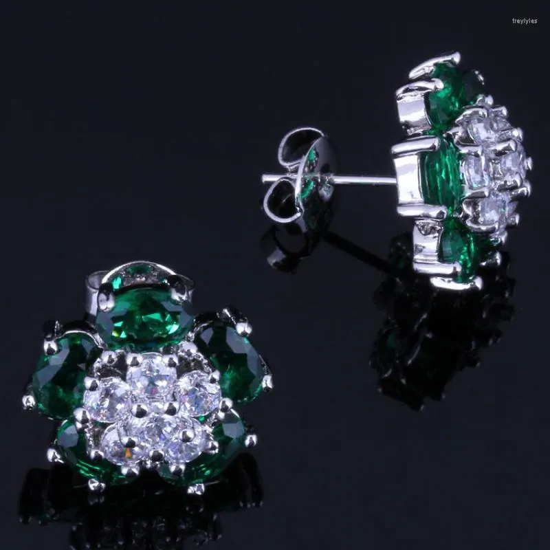 Pendientes de botón Terrific Flower Green Cubic Zirconia White CZ Silver Plated V0868