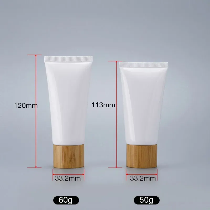 Empty White Plastic Squeeze Tubes Bottle Cosmetic Cream Jars Refillable Travel Lip Balm Container with Bamboo Cap