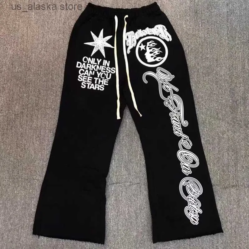 Calça Masculina Preto Hellstar Moletom Clássico Flame Star Letter Print American Hip Hop Casual Solto Homens Mulheres Bottoms Sino T230801