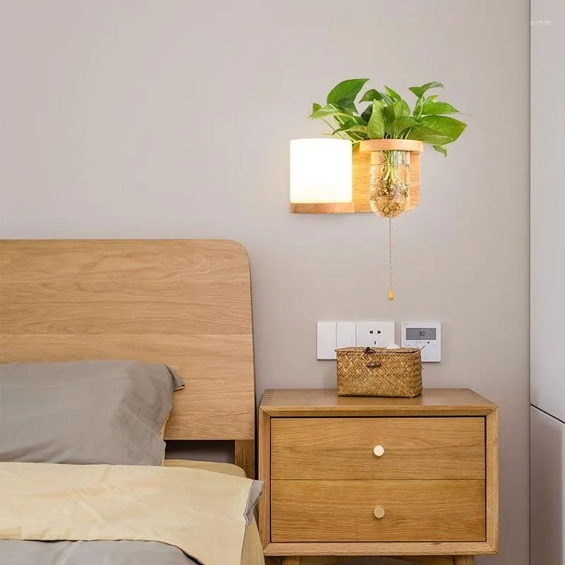 Wall Lamp Nordic Modern Lights Simples Corridor Balcony Green Plant Bedroom Bedside Solid Wood Decorative Light Fixtures