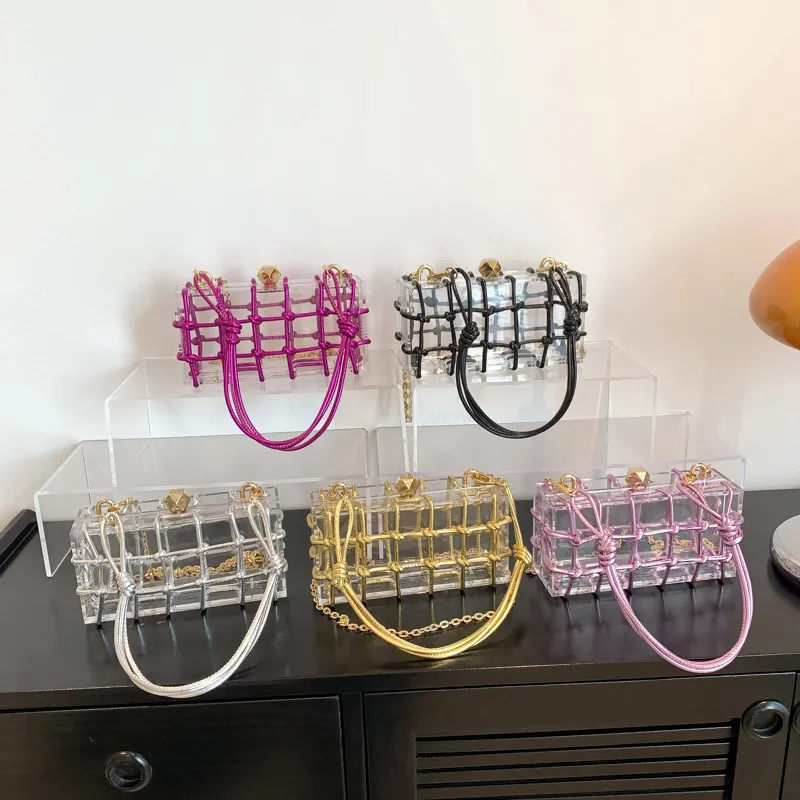 Designer Popular Pink Acrylic Evening Rope Bag Lovely Girls Candy Colors Crochet String Shoulder Hobo Shopping Bags New Sweetie Style Lipsticker Box