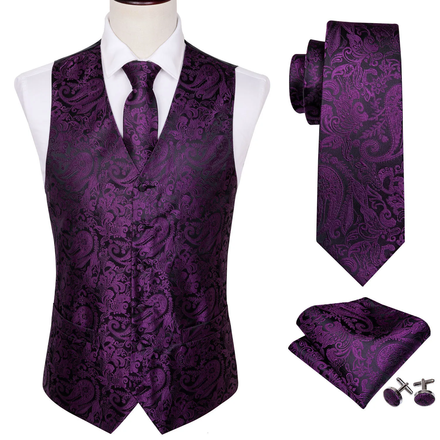 Kamizelki mężczyzn 4PC Męsość jedwabnej kamizelki ślub Purple Paisley Solid Floral kamizelka kamizelka Pockard Square Tabin Slim Suit Barry.wang BM- 230731