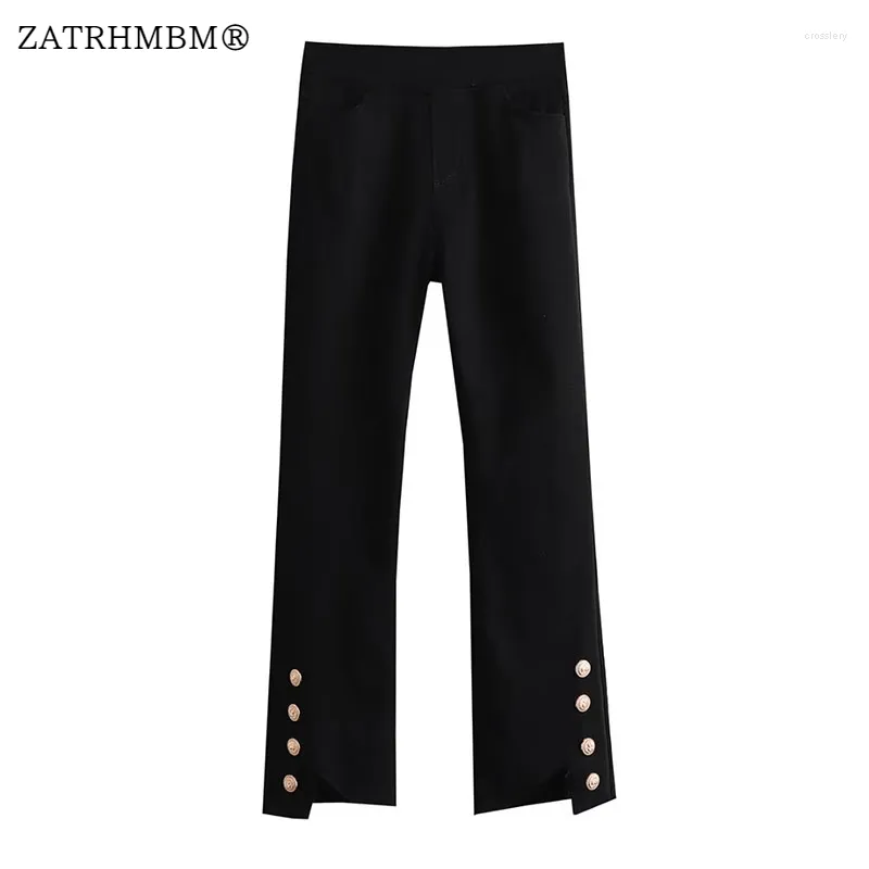 Spodnie damskie ZATRHMBM Women 2023 Spring Fashion Metal Button Dekoracja Flare Vintage Boczne Pockets Wysokie talię żeńskie spodnie Majer