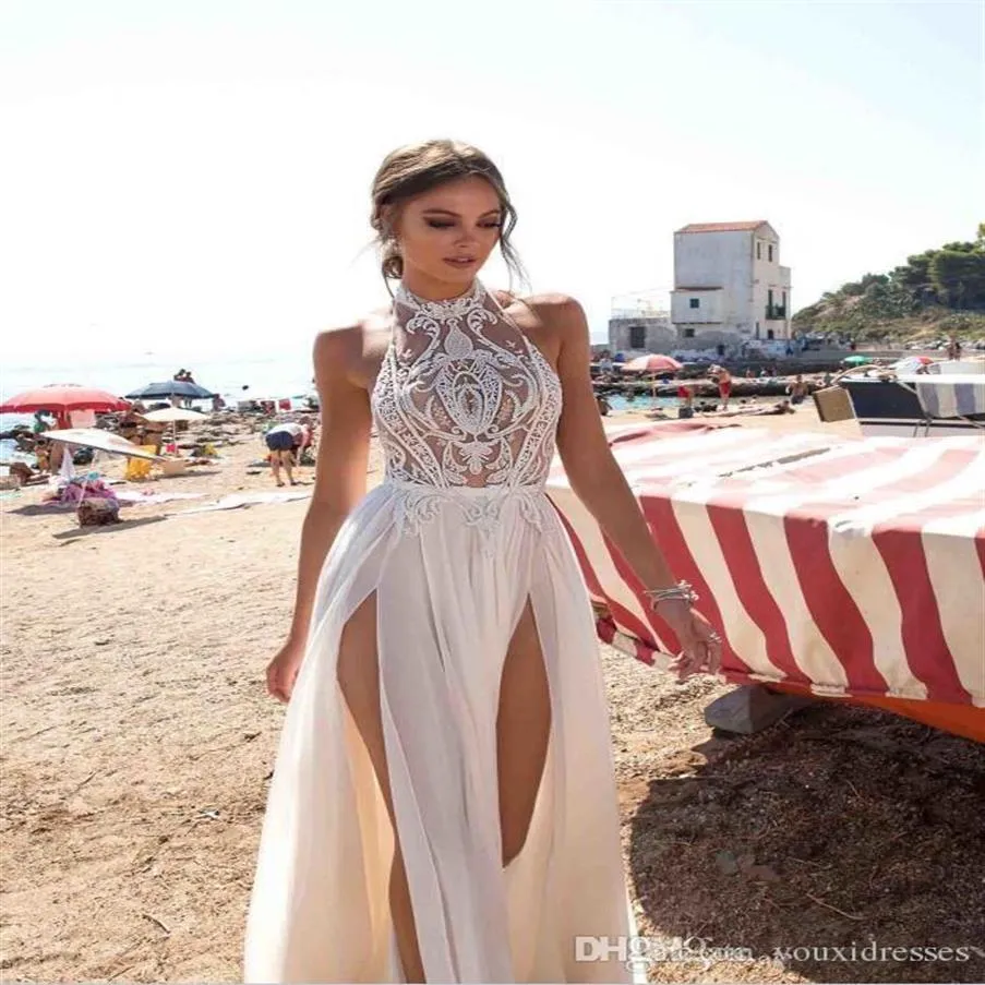 Berta Böhmische Brautkleider 2019 Neckholder Spitze Applikationen Perlen Sexy Side Split Strand Brautkleider Maßgeschneidert Günstige Boho Braut 280g