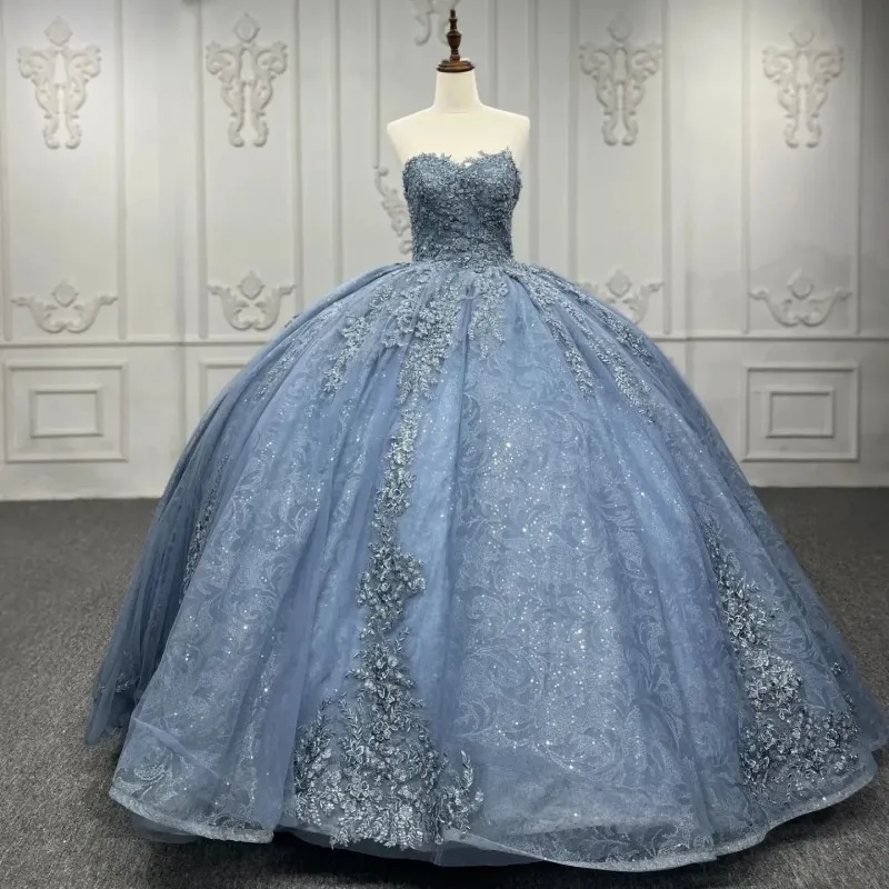 Niebieskie lśniące sukienki Quinceanera meksykańska ukochana suknia balowa koronkowa puszystyka aplikacja na ramię koronkowe luksusowe vestidos de 15 xv anos