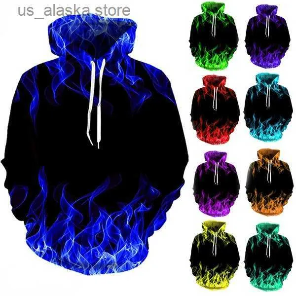 Herrtröjor tröjor färgglada flamhoodie män kvinnor 3d digital eldtryckt huvtröja 2022 hösten casual rolig unisex tröjor streetwear t230731