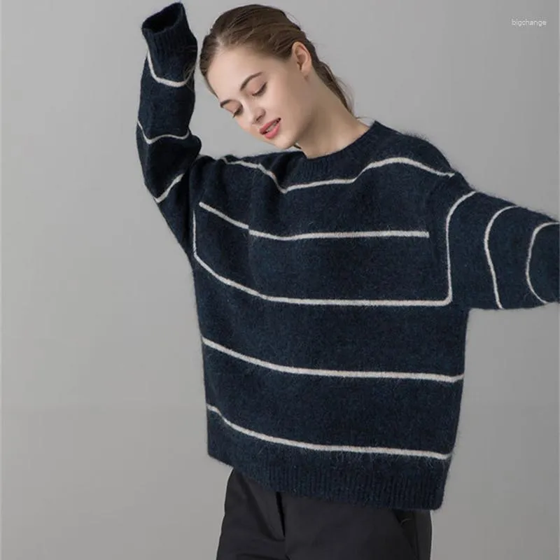 Kvinnors tröjor Kvinnor O-hals Mohair Wool Blends Stripes Ströja Loose Casual 2023 Kvinnlig långärmad jumper Knitkläder