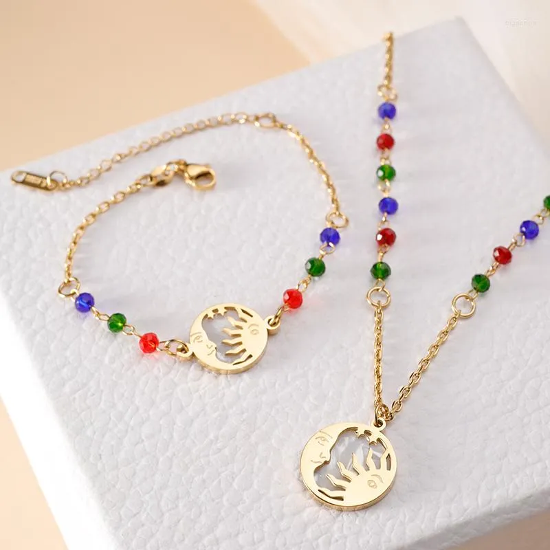 Link Pulseiras PAXA Contas Coloridas Cadeia Lua Sol Pingente Colar Aço Inoxidável Pulseira Para Mulheres Conjuntos de Jóias de Festa Impermeável Moda