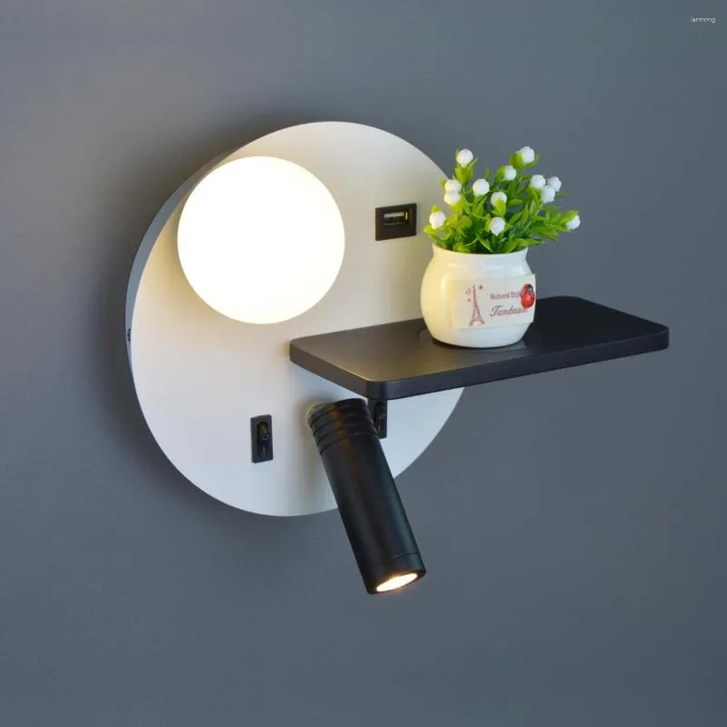 Wall Lamp LED Reading Interior Light 3W Black With USB Wireless Charging Sconce Phone Switch Bedside Home Deco