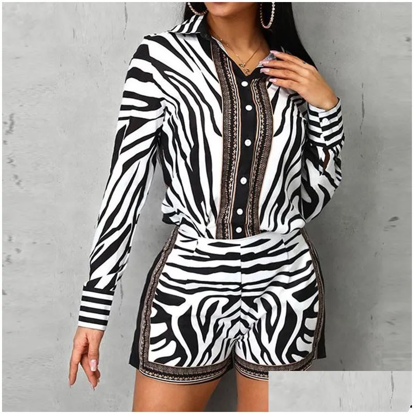 Zweiteiliges Kleid 2 Set Frauen Zebra-Druck geknöpftes Hemd und Reißverschluss-Shorts-Sets Lässige weibliche Herbst-Damenanzug-Drop-Lieferung Bekleidung C Dhqlx