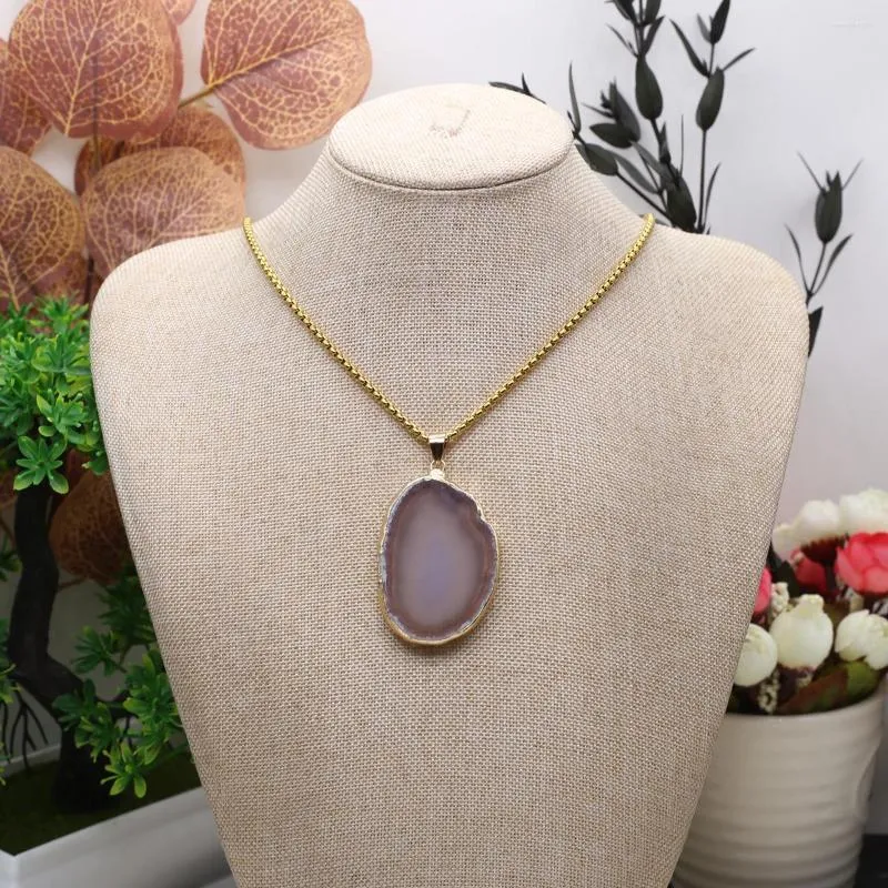 Pendant Necklaces Natural Semiprecious Stone Irregular Agate Edge Golden Chain Charm Jewelry Accessories Gift 35x45mm/60cm
