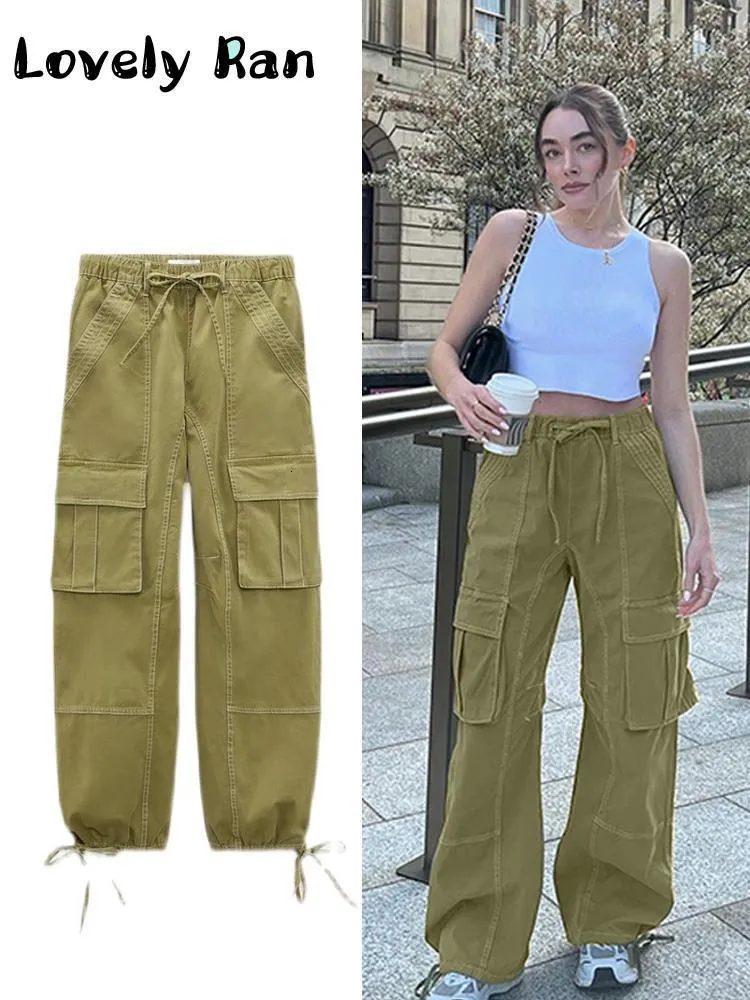 Women's Pants Capris Fashion Y2K Pockets Cargo Long Pants For Women Elastic High Waist Sweatpants Female Casual Drawstring Wide Leg Baggy Trousers 230731