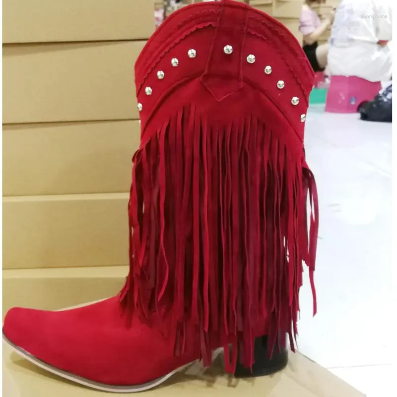 Boots Women Tassel Cowgirl Shoes 2023 Fringe Middle Heels Western Fashion Slip-on Wedge Pointed Toe Female