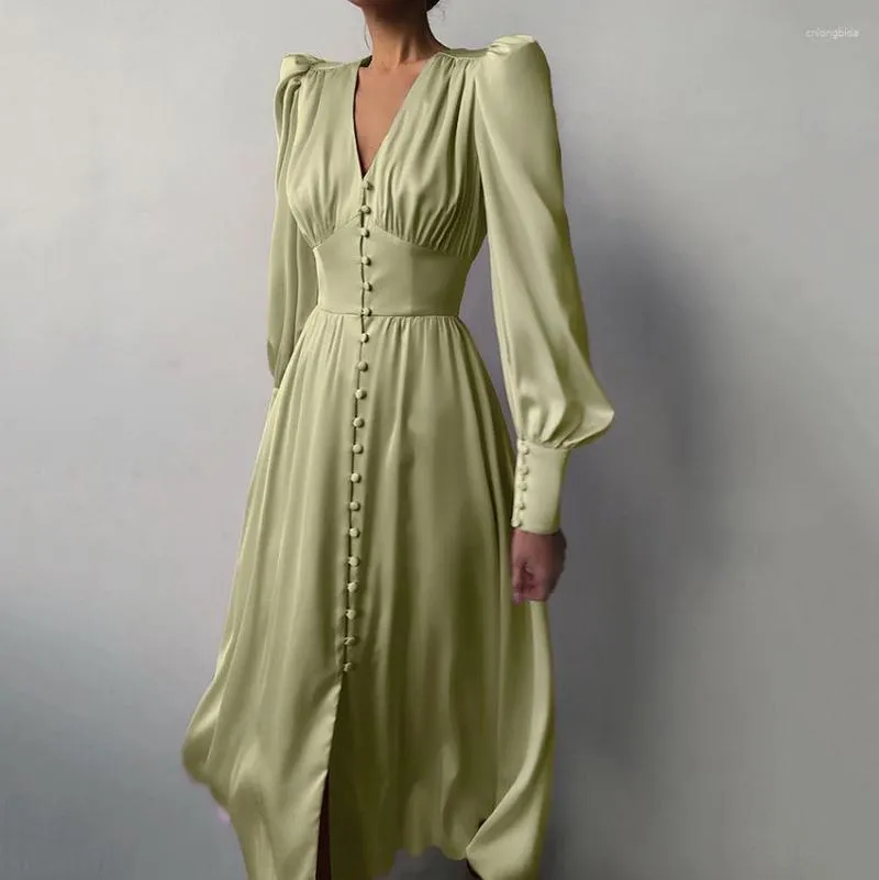 Casual Dresses Vintage Deep V Puff Sleeve Long For Women High Waist Slim Dress Elegant Solid Boho Satin Vestidos Summer 2023