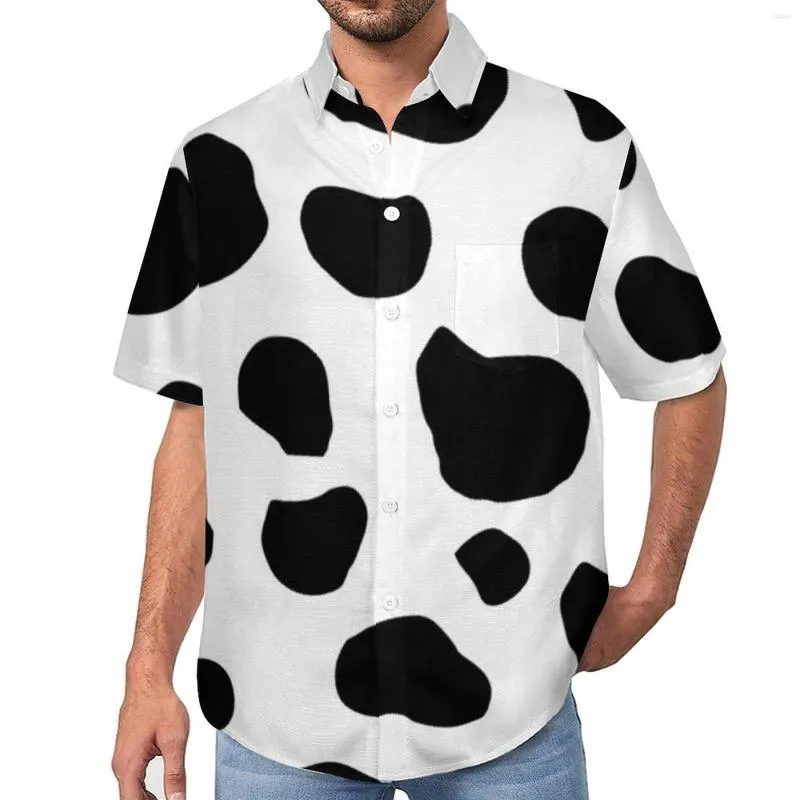 Men's Casual Shirts Cow Print Spots Beach Shirt Black And White Animal Summer Men Funny Blouses Short Sleeve Graphic Clothing Big Size